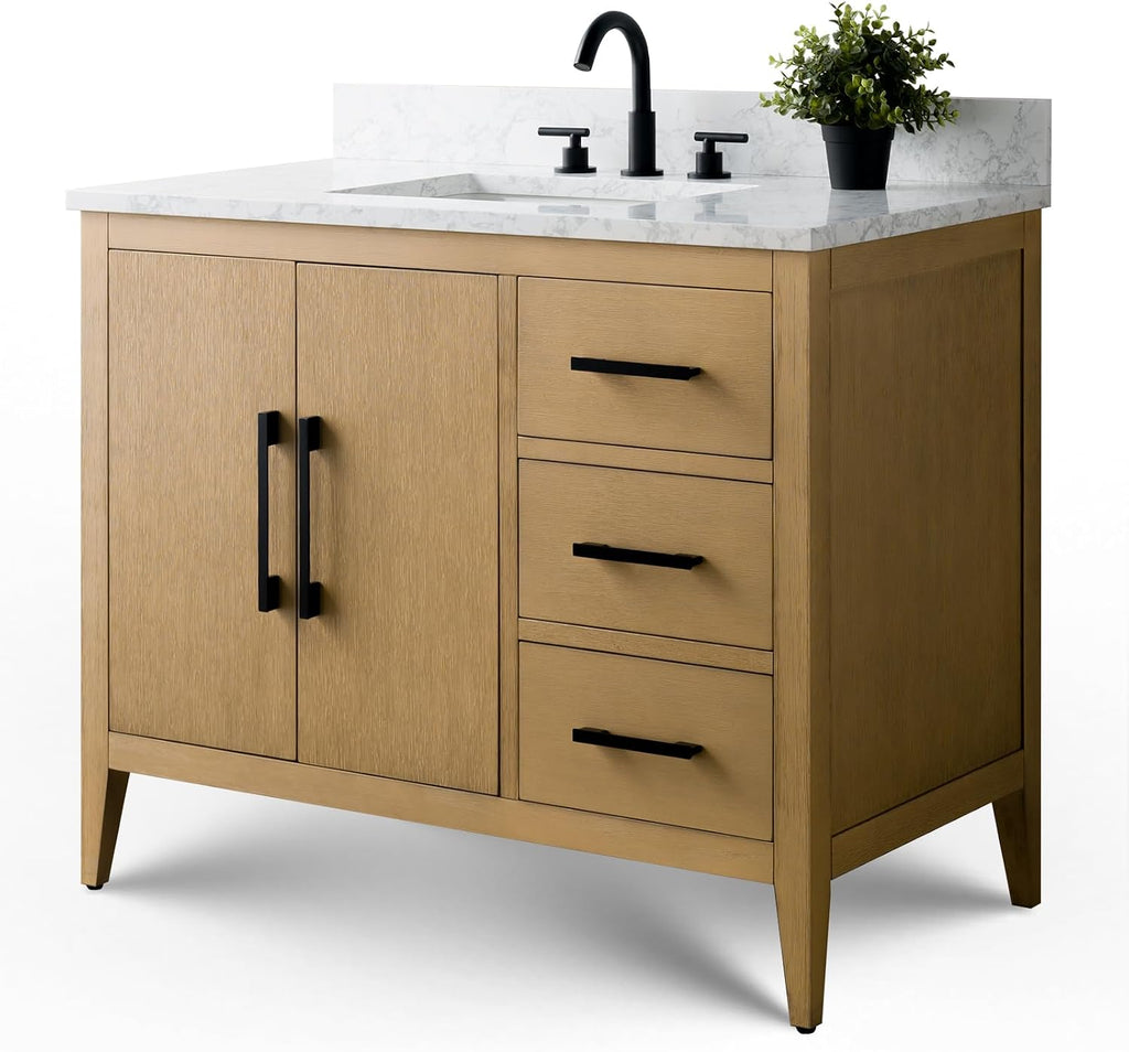 Vanity Art 42 inch Bathroom Vanity with Single Sink & Ceramic Top, Vanity Cabinet with Soft-Closing Doors, Drawers, Solid Wood Frame, Natural Oak, Brushed Nickle Handware
