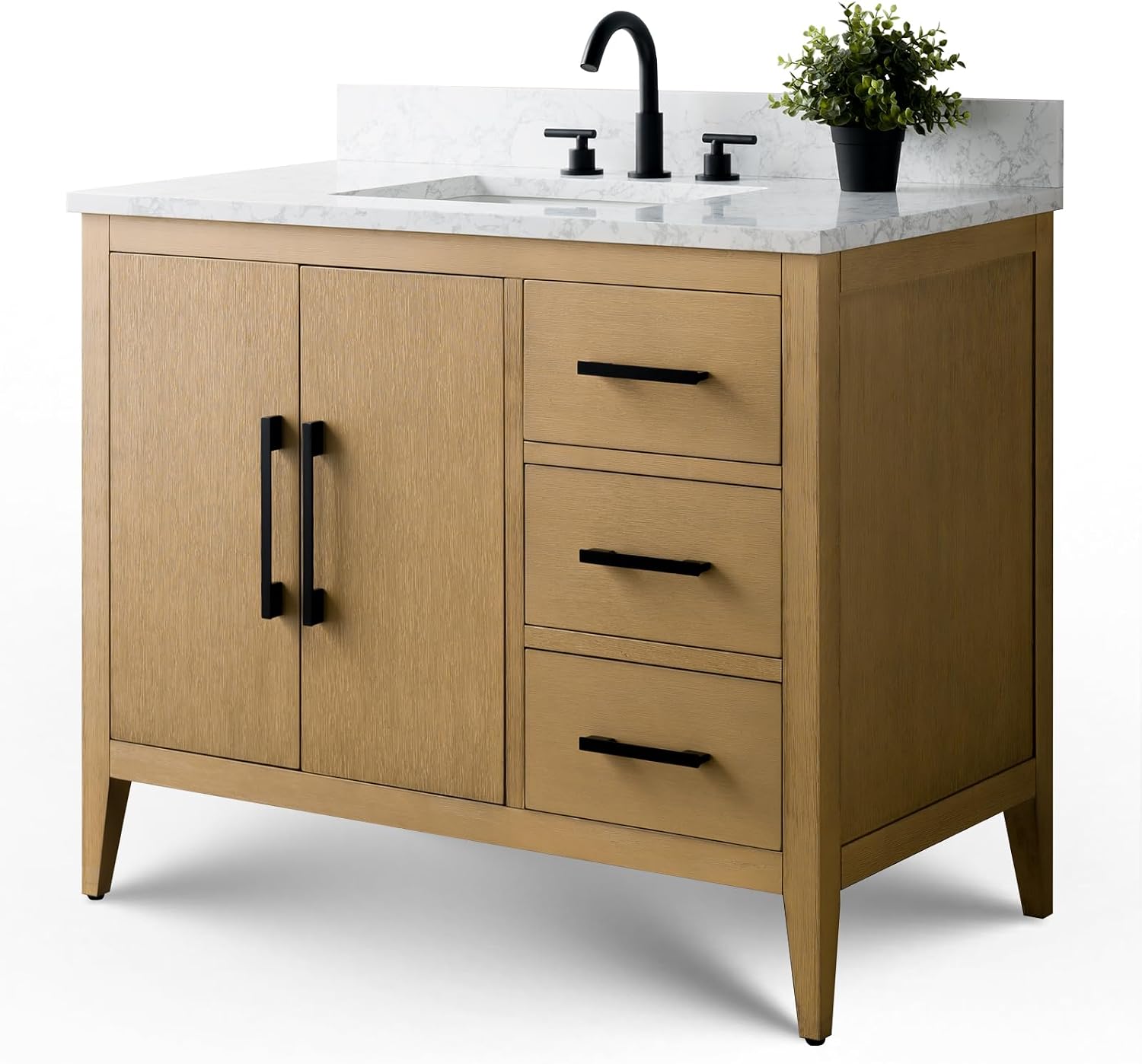 Vanity Art 42 inch Bathroom Vanity with Single Sink & Ceramic Top, Vanity Cabinet with Soft-Closing Doors, Drawers, Solid Wood Frame, Natural Oak, Brushed Nickle Handware