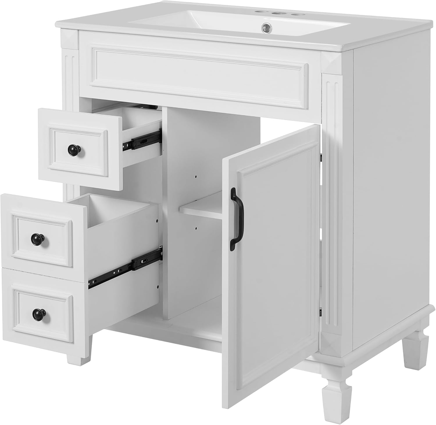 30 Inch White Bathroom Vanity with Sink & & Black Handles,Modern Bathroom Vanity with 2 Left Hand Drawers & Adjustable Shelf,Soft Closing Doors,Solid Wood Frame,French Embossed Front