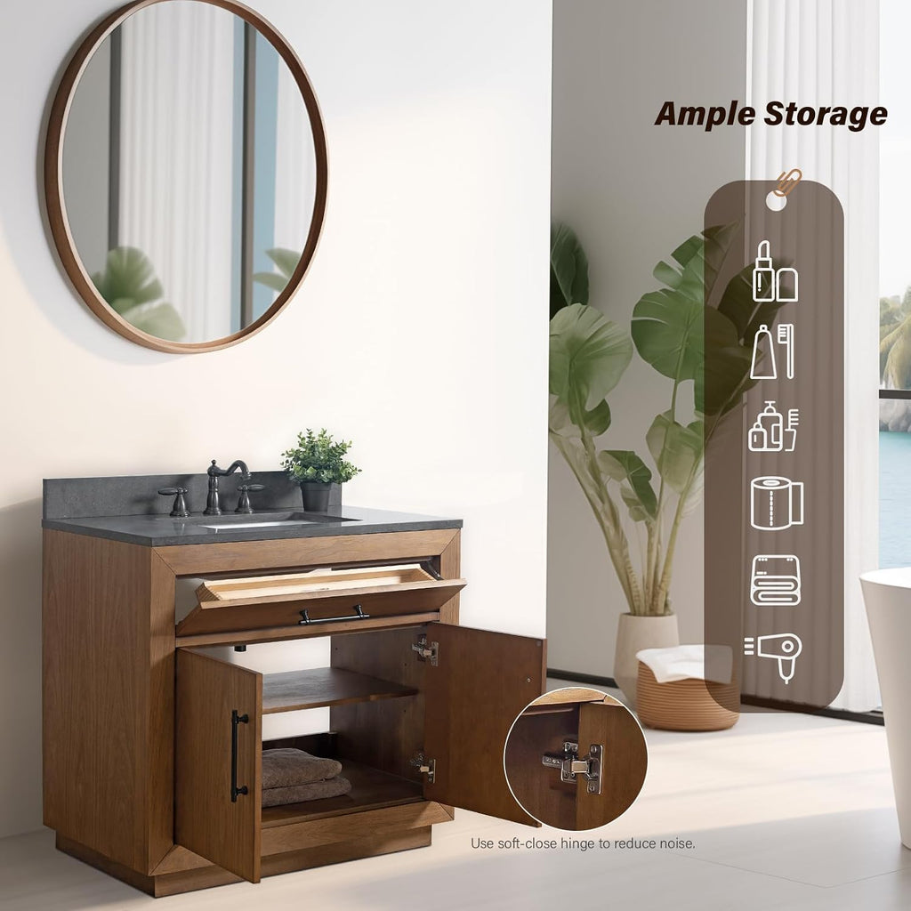 HOMEBEYOND 36' Bathroom Vanity with Single Sink & Ceramic Top, MDF Material Vanity Cabinet with Basin Combo, Soft-Closing Doors, Removable Shelf, Backsplash, Tan