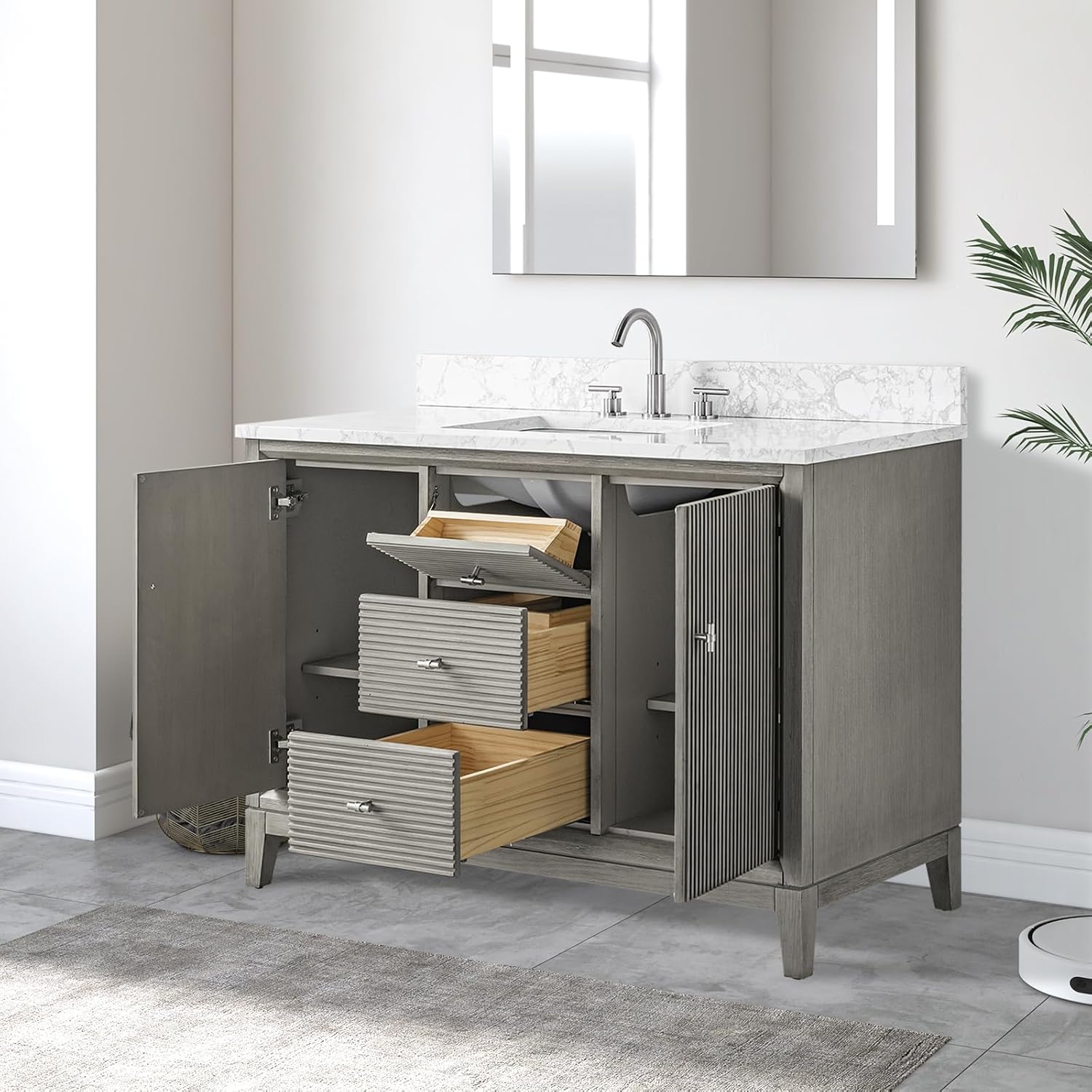Vanity Art 48' Bathroom Vanity with Single Sink & Arabescato White Engineered Stone Top, Vanity Cabinet with Soft Closing Door, Solid Wood Frame, Brushed Nickel Handles, Driftwood Gray VA8148-DG-BN