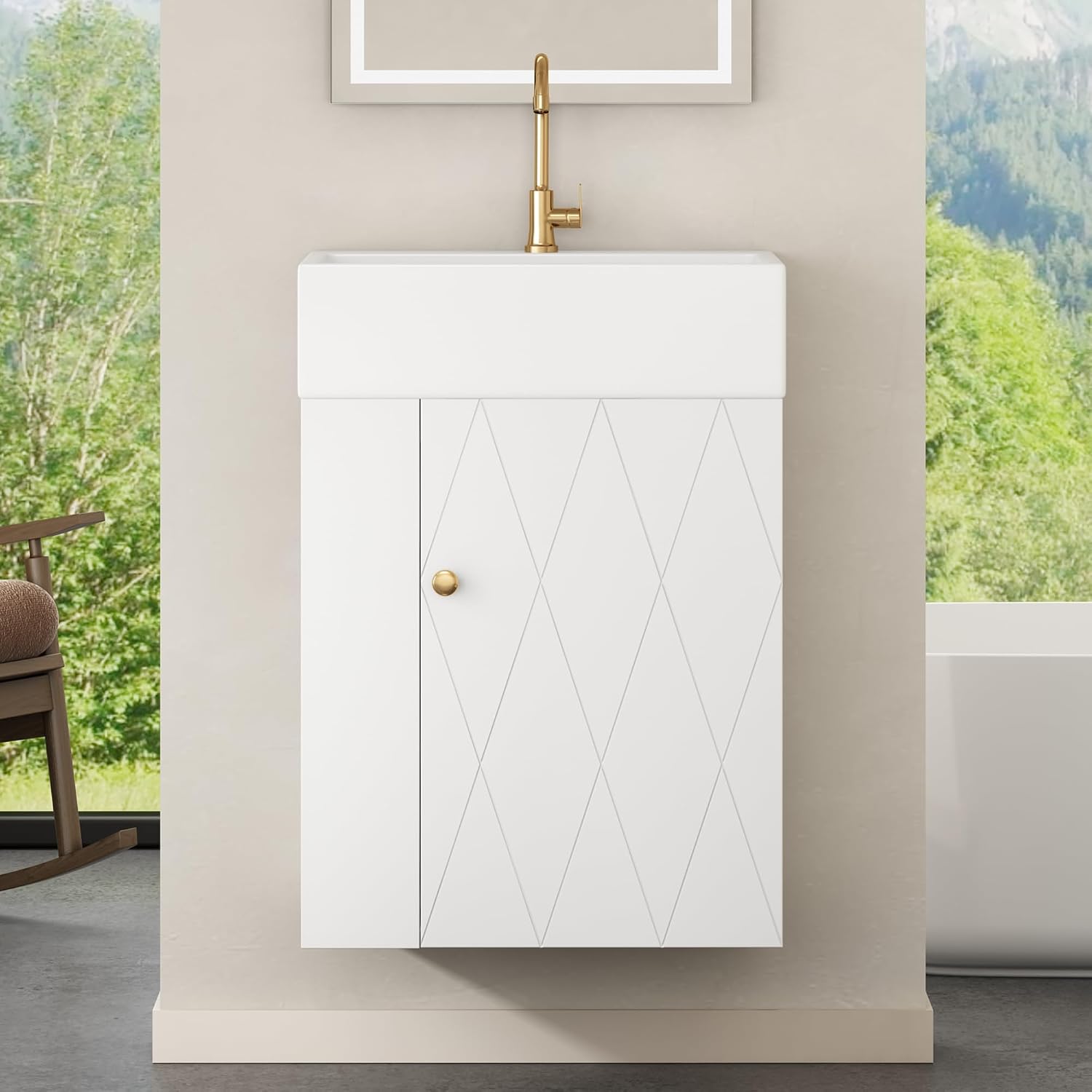 20' Floationg Wall-Mounted Bathroom Vanity with Ceramic Sink, Adjustable Shelf, Toilet Paper Holder, Modern Style, Door with Diamond Design, White