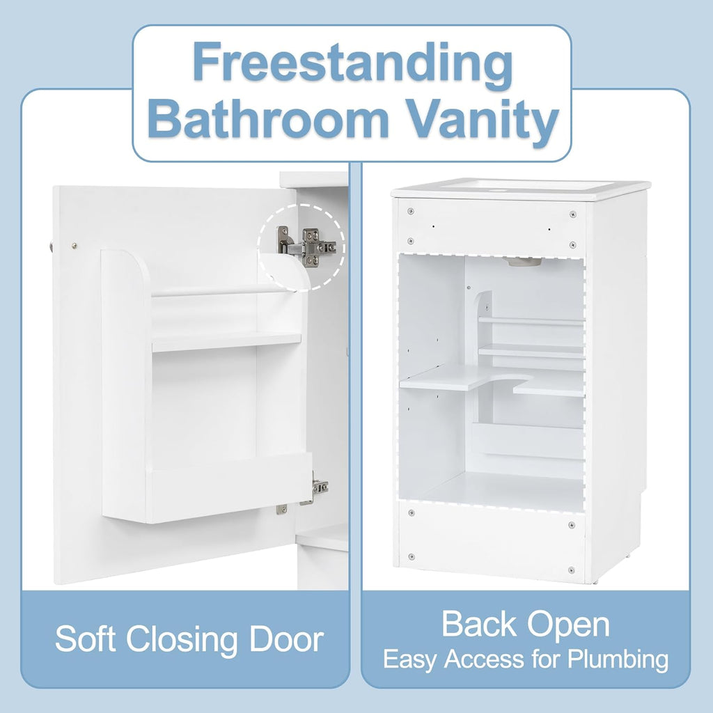 Harper & Bright Designs 18' Bathroom Vanity with Sink, Free Standing Single Basin Vanity Set with Adjustable Shelf & Storage Rack, Solid Wood Bathroom Cabinet with Ceramic Basin for Bathroom, White