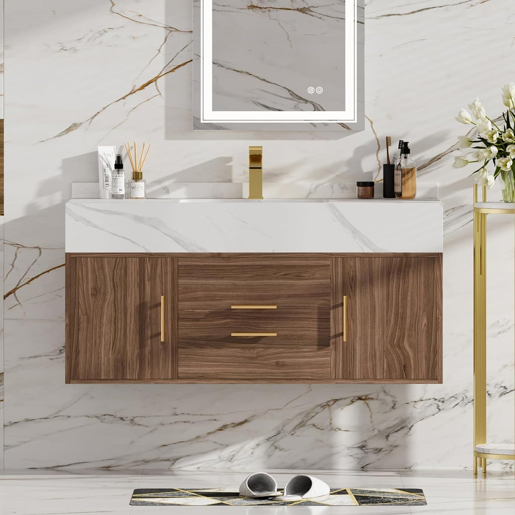 homary 39.4 inch Floating Bathroom Vanity with Single Sink, Modern Design with Sintered Stone Top & Undermount Sink, 2 Soft-Close Drawers for Master & Guest Bathrooms, Walnut
