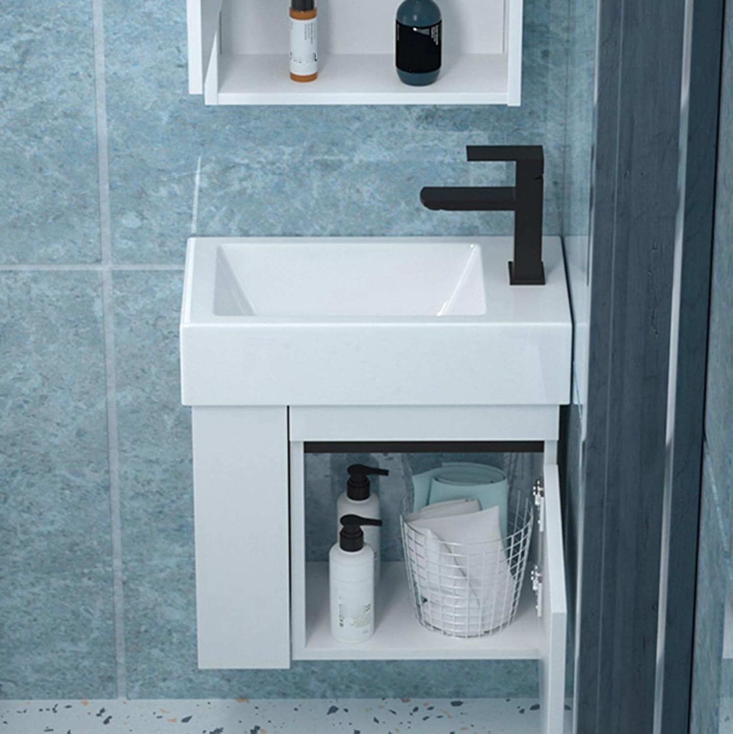 Jcgly Bathroom Vanity Sink Combo for Narrow Small Space, Wall Mounted Cabinet Set White Ceramic Basin Sink Top with Frosted Black Cold Hot Faucet and Drain (Color : Right Faucet, Size : 49x25x54cm)