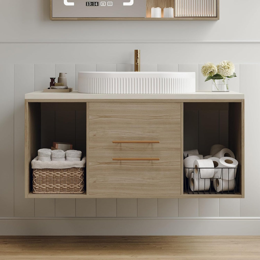 40 Inch Modern Bathroom Vanity Floating Bathroom Vanities with Above-Ground Oval Sink 40' Wall Mounted Bathroom Sink Cabinet with 2 Drawers&2 Open Shelves&Gold Metal Handle, Oak