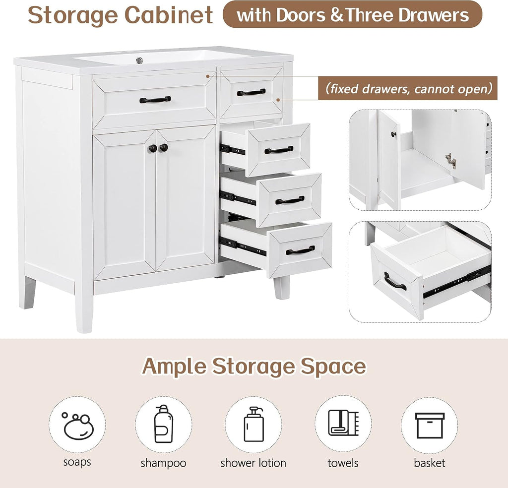 36' Vanity with Sink, Bathroom Vanity witn Sink Top, 36 Inch Single Sink Bathroom Vanty with3 Drawers and 2 Doors (White)