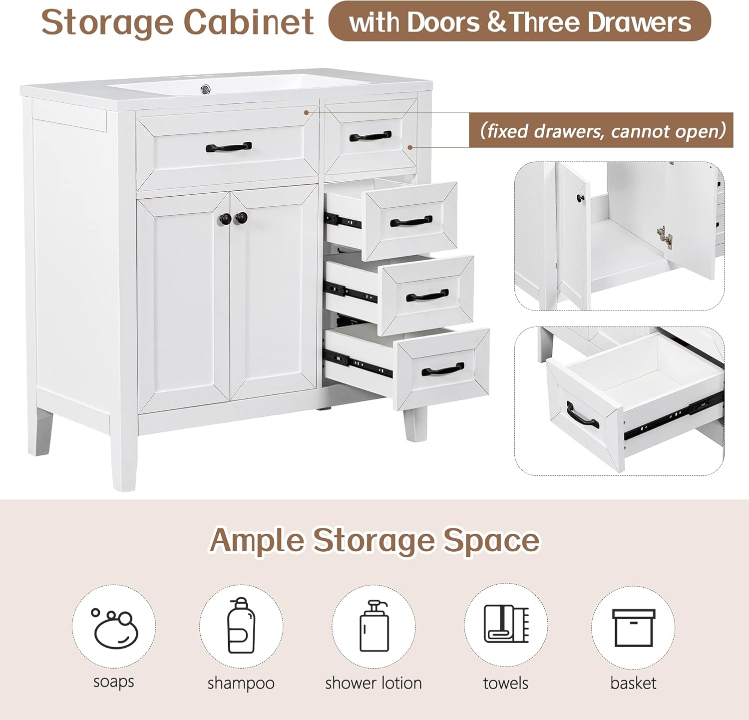 36 Inch Bathroom Vanity Without Sink, Base Only, Storage Cabinet with Doors and Drawers, White