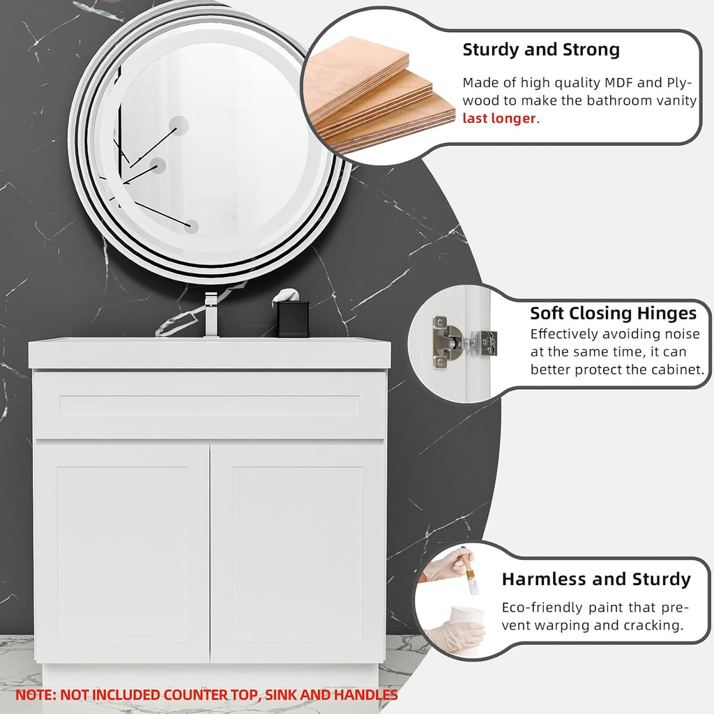 KitchenMan 36 Inch Bathroom Vanity Unassembled Bathroom Sink Cabinet and Vanity for Bathroom, White (Handles and Sink Basin Not Included)