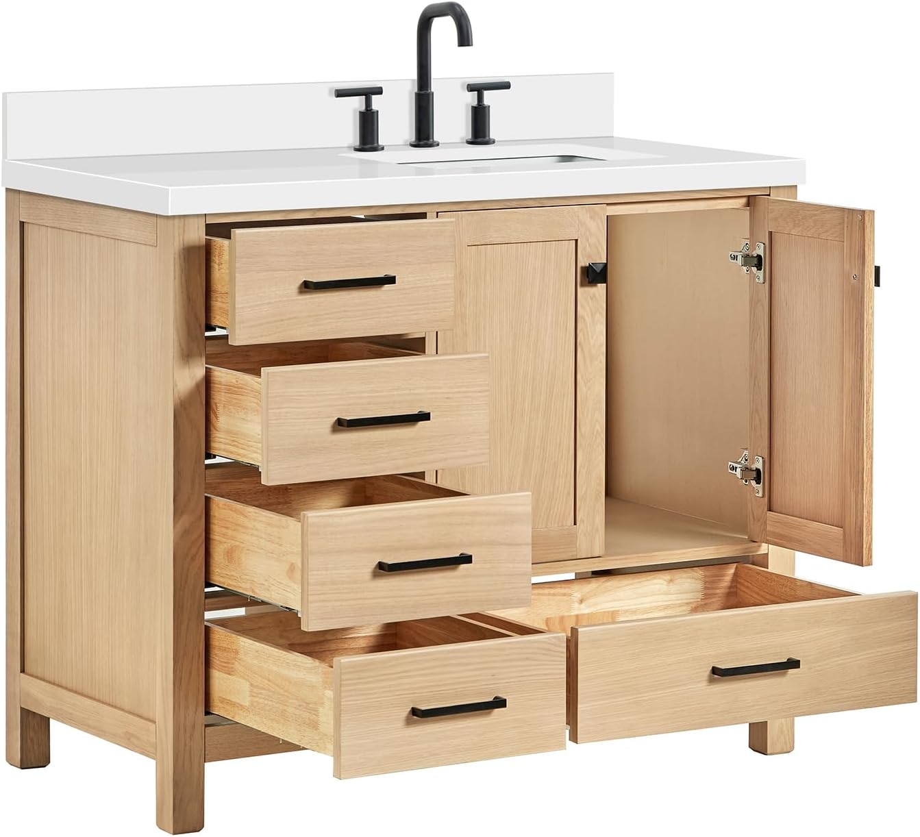 DKB Beckford 42-Inch Oak Bathroom Vanity with Sink, Pure White Quartz Countertop & 4' Backsplash, Porcelain Sink, Soft Closing Door & Drawer, Matte Black Hardware
