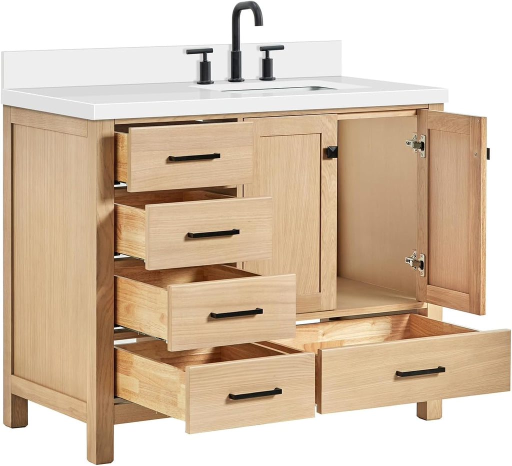 ARIEL 42-Inch Oak Bathroom Vanity with Sink, Italian Carrara Marble Countertop & 4' Backsplash, Soft Closing Door & Drawer, Matte Black Hardware