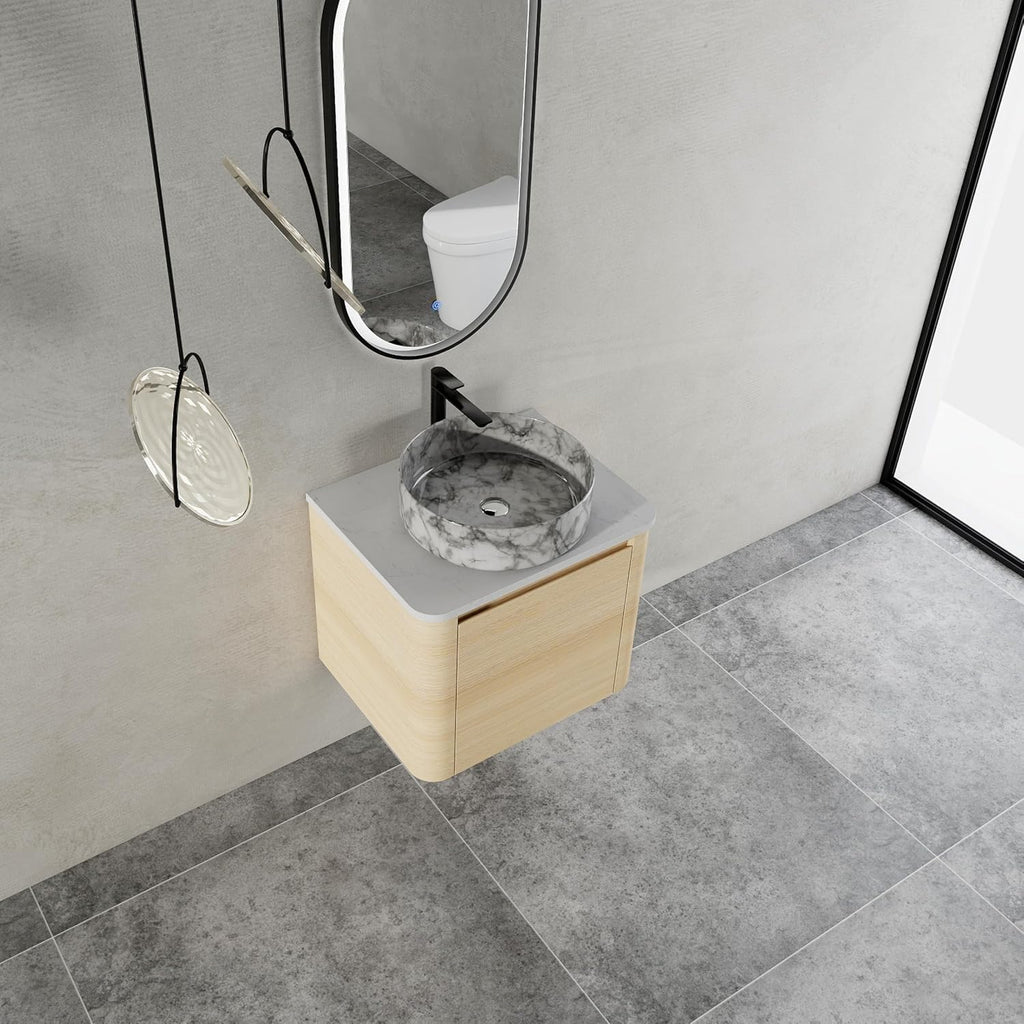 24 Inch Wall-Mounted Bathroom Vanity with Sink Combo Modern Floating Bathroom Vanitites with Round Ceramic Vessel Sink 24' Bathroom Sink Cabinet with Marble Counter Top & Soft Closing Door