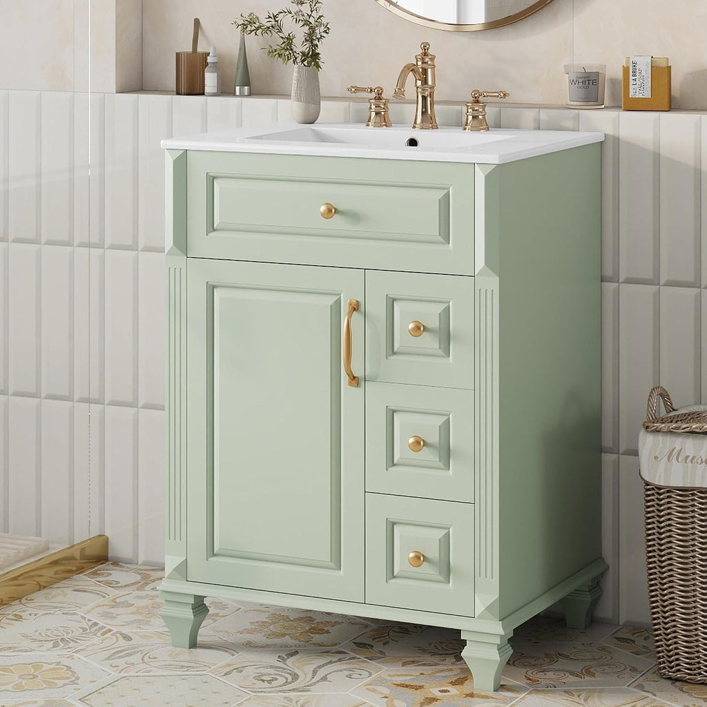 24' Bathroom Vanity with Sink & Countertop Modern Single Sink Vanity with 1 Flip-Out Drawer & 3 Drawers & Door Racks Freestanding Bathroom Sink Cabinet Saving Space,Light Green