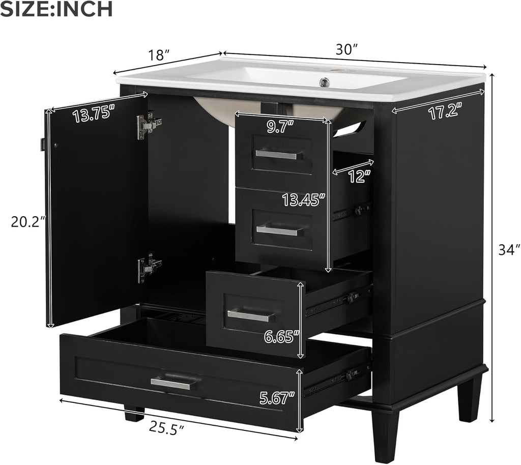 Mirightone 30' Bathroom Vanity with Sink, Bathroom Vanities 30 Inch with Top, Single Sink Bathroom Vanity with 3 Drawers and 1 Soft Closing Door, 30 Restroom Vanity with Cuntertop Sink (Black)