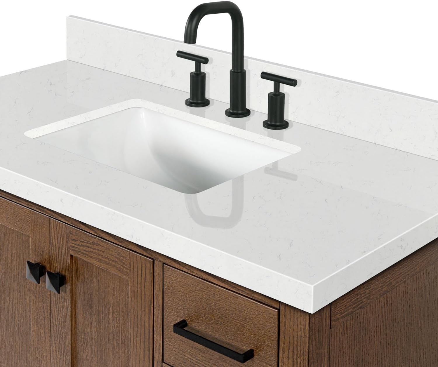 ARIEL Cambridge 42-inch Bathroom Vanity with Sink,Solid Wood, 1.5-inch Carrara White Quartz Countertop, Single Rectangular Porcelain Sink, 2 Soft Closing Doors, 9 Dovetail Drawers, Brown Oak
