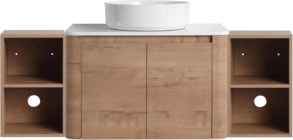 54 Inch Wall-Mounted Bathroom Vanity with Sink Combo Modern Floating Bathroom Vanitites with Round Ceramic Vessel Sink 54' Bathroom Sink Cabinet with Marble Counter Top & 2 Side Storage Shelves