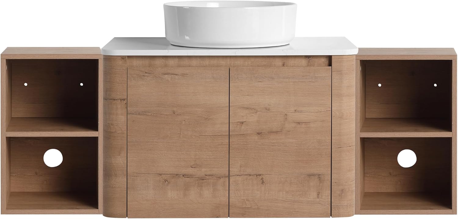 54 Inch Wall-Mounted Bathroom Vanity with Sink Combo Modern Floating Bathroom Vanitites with Round Ceramic Vessel Sink 54' Bathroom Sink Cabinet with Marble Counter Top & 2 Side Storage Shelves