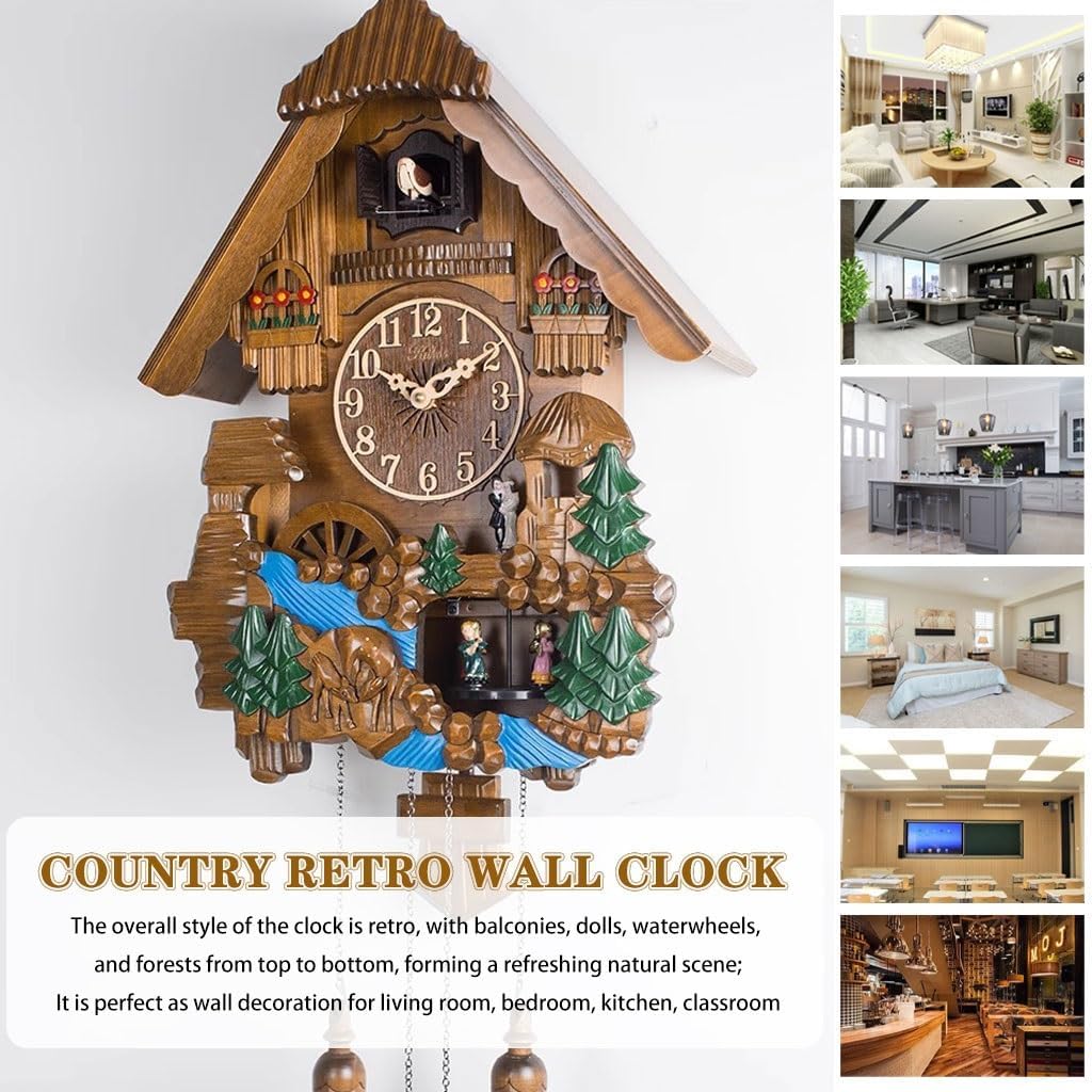 Cuckoo Clocks Wall Clock Decorative Boho Pastoral Style Painted Clock, Hand Carved Cuckoo Clock, European Style Wall Decoration, for Living Room, Report Time Hourly
