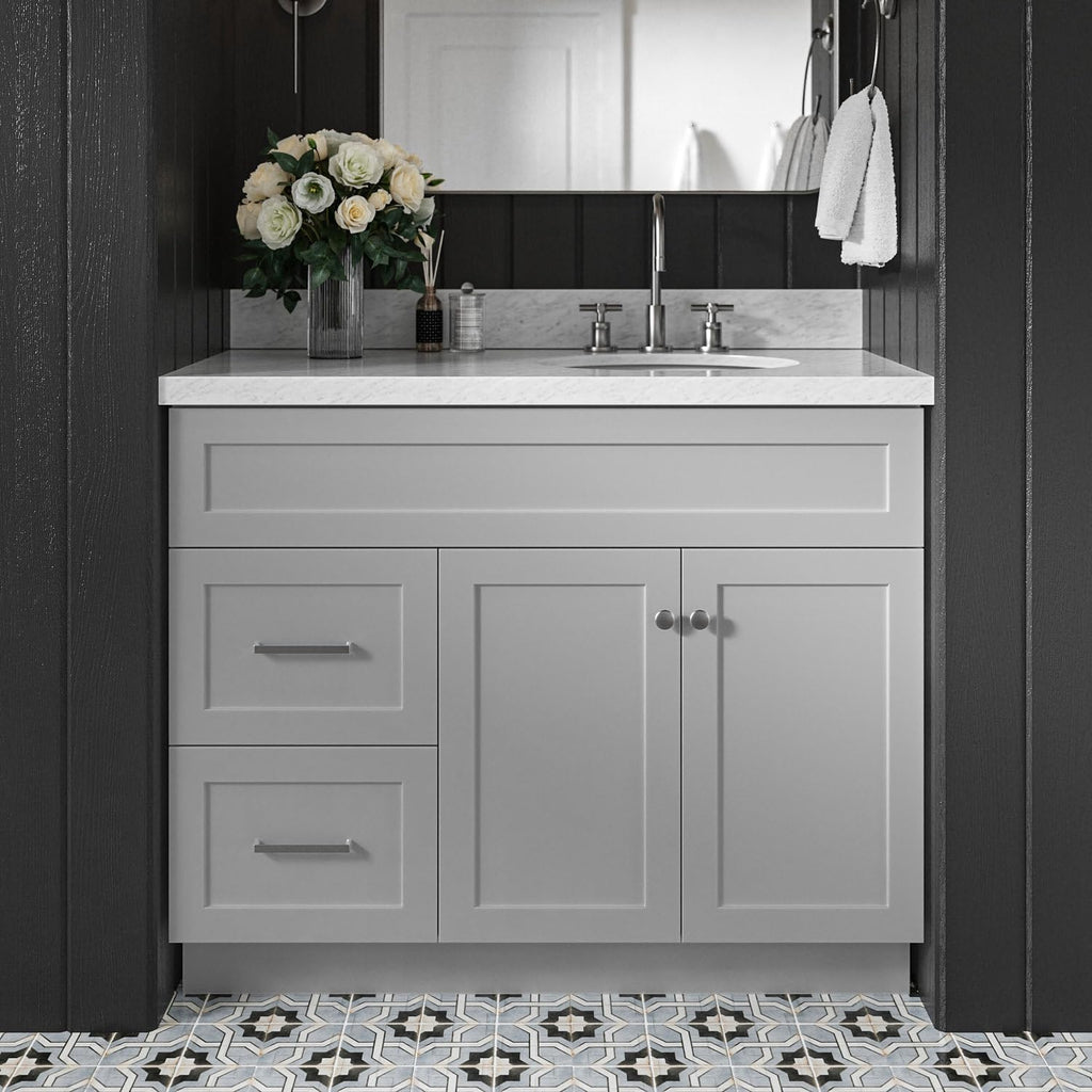 DKB Bradford 42' Grey Bathroom Vanity with Sink, 1.5' Edge Italian Carrara Marble Countertop, Oval Sink, 2 Soft Closing Doors, 2 Full Extension Dovetail Drawers, Brushed Nickel