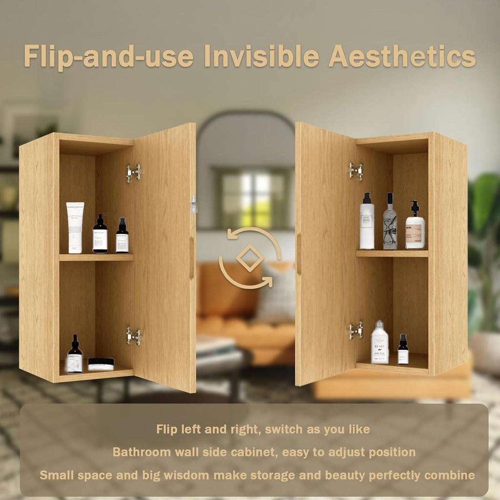 Eleshine Wall Mounted Bathroom Storage Cabinet with a Door and Adjustable Shelf, 12 inch Wood Fluted Textures Small Narrow Cabinet, Light Oak