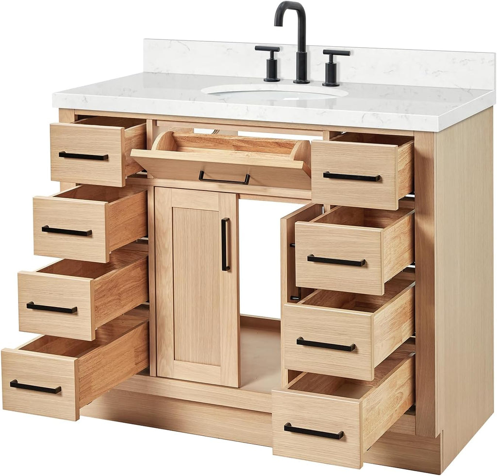 DKB Isabella 42-Inch Oak Single Bathroom Vanity with Sink, 1.5-Inch Carrara White Quartz Countertop & Backsplash, Matte Black Hardware, 2 Soft Closing Doors, 9 Drawers