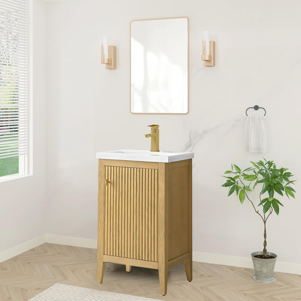 HOMEBEYOND 20' Bathroom Vanity with Ceramic Sink, Solid Wood Free-Standing Vanities Cabinet, Ceramic Top, Golden Brushed Hardware & Soft Closing Door, Natural Oak