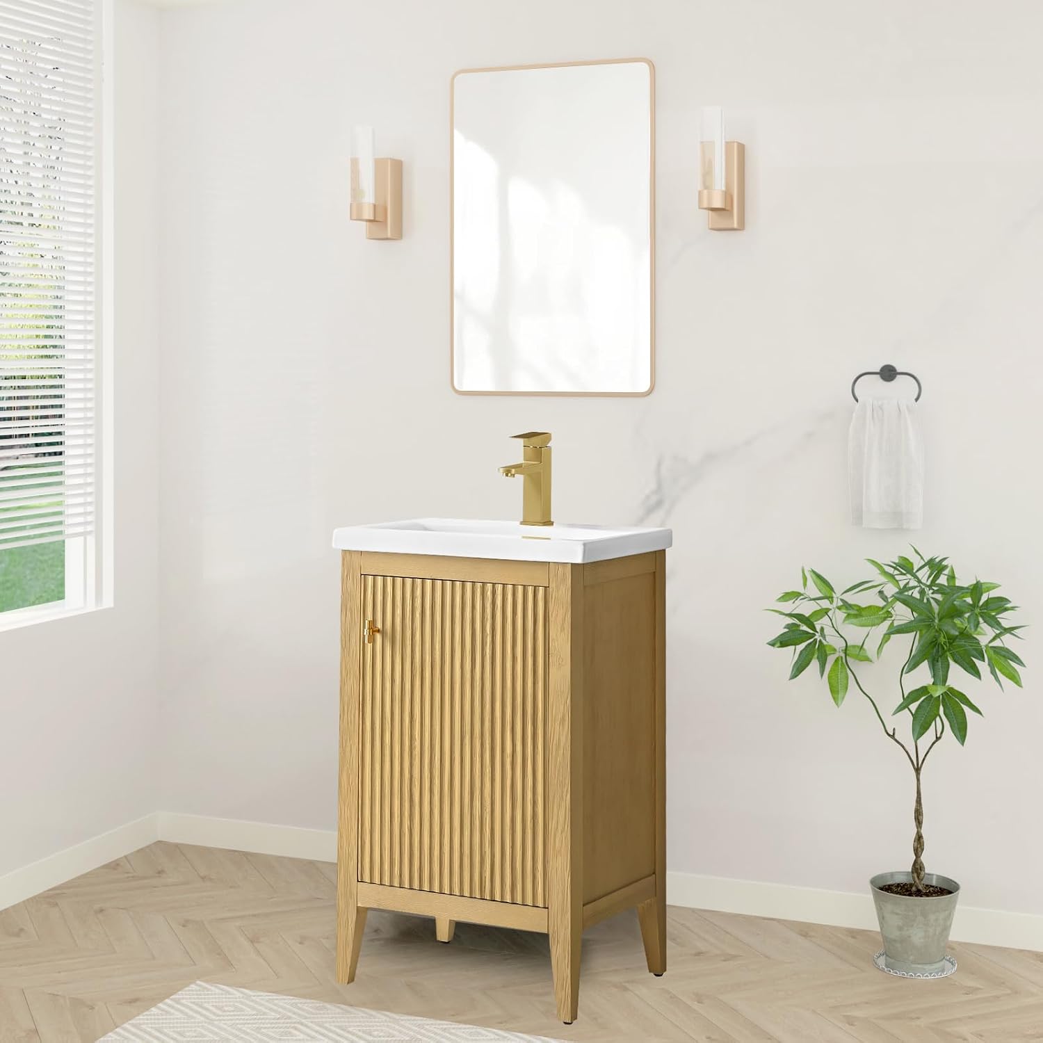 HOMEBEYOND 20' Bathroom Vanity with Ceramic Sink, Solid Wood Free-Standing Vanities Cabinet, Ceramic Top, Golden Brushed Hardware & Soft Closing Door, Natural Oak