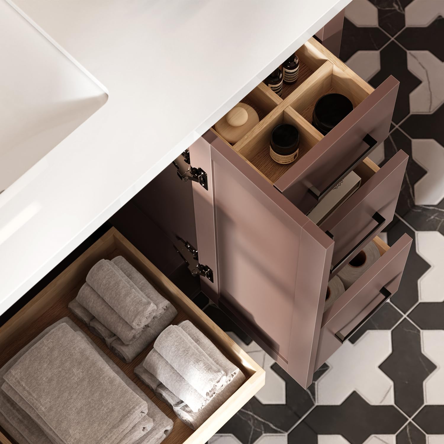 ARIEL Loren 48-inch Bathroom Vanity with Sink,Solid Wood, 1.5-inch Pure White Quartz Countertop, Single Rectangular Porcelain Sink, 2 Soft Closing Doors, 7 Dovetail Drawers, Mocha