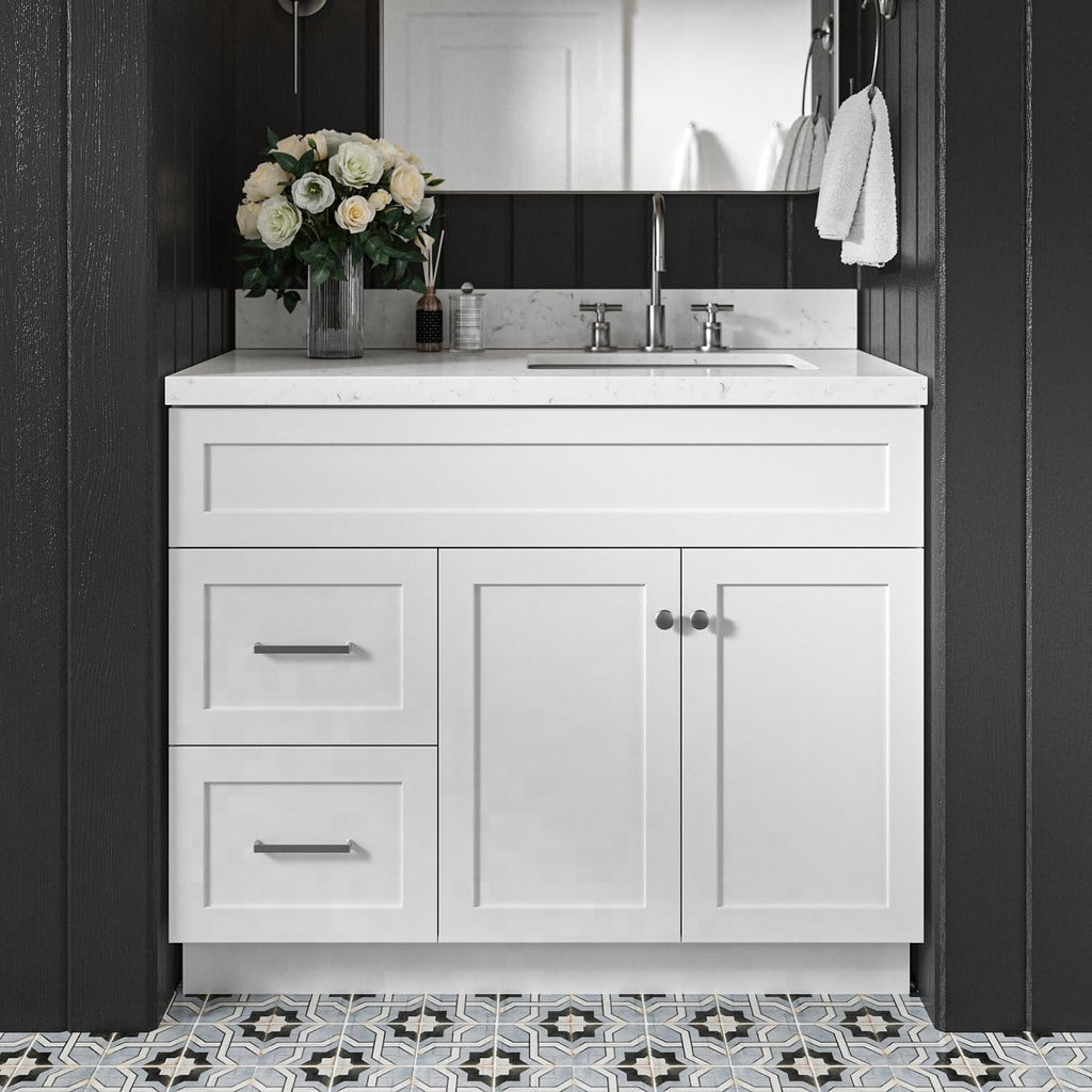 DKB Bradford 42-Inch White Single Bathroom Vanity with 1.5-Inch Carrara Quartz Countertop, Right Rectangular Sink, Solid Wood Frame, 2 Soft-Closing Doors, 2 Full Extension Dovetail Drawers, Toe Kick