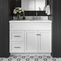 DKB Bradford 42-Inch White Single Bathroom Vanity with 1.5-Inch Carrara Quartz Countertop, Right Rectangular Sink, Solid Wood Frame, 2 Soft-Closing Doors, 2 Full Extension Dovetail Drawers, Toe Kick