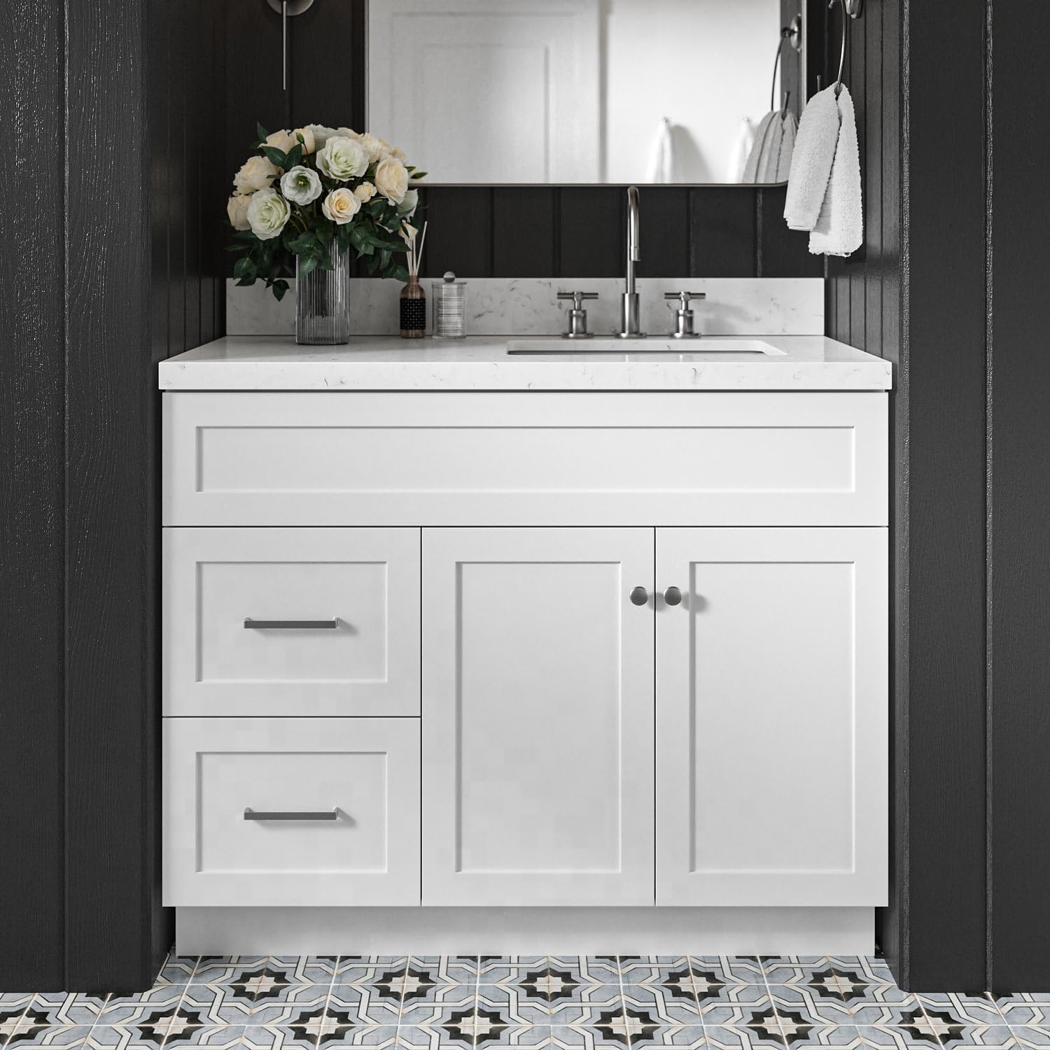 DKB Bradford 42-Inch White Single Bathroom Vanity with 1.5-Inch Carrara Quartz Countertop, Right Rectangular Sink, Solid Wood Frame, 2 Soft-Closing Doors, 2 Full Extension Dovetail Drawers, Toe Kick