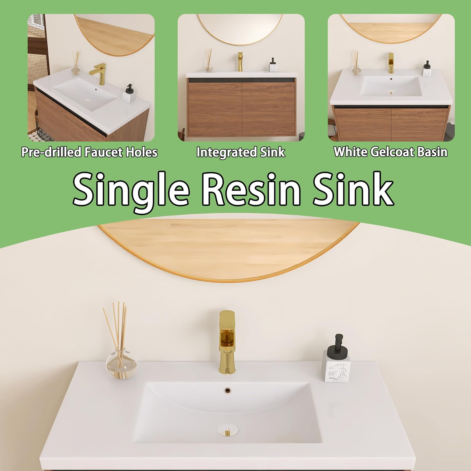 36 inch Bathroom Vanity with Sink, Wall-Mounted Floating Vanity with 2 Soft-Close Doors, Easy Assembly, Engineered Wood in Elegant Brown, Modern Style for Bathroom