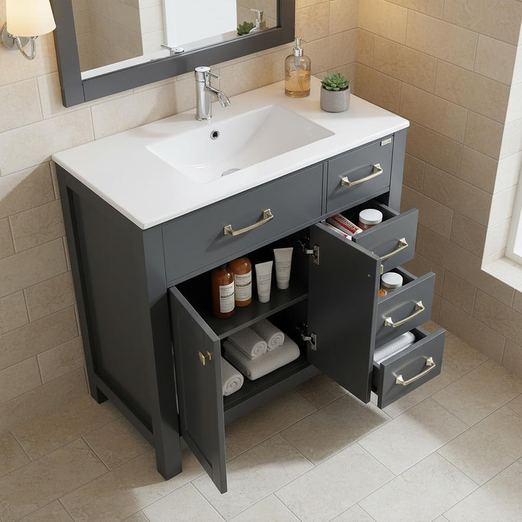 36 inch Bathroom Vanity with Sink Countertop Mirror Faucet Modern Grey | Freestanding bathroom vanity cabinet, ceramic single sink combo