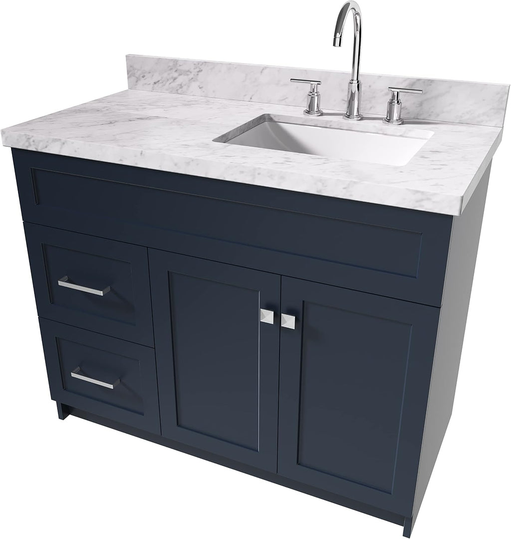 ARIEL 48' Grey Bathroom Vanity with Sink, 1.5' Pure White Quartz Countertop, Rectangular Sink, 2 Soft Close Doors, 4 Full Extension Dovetail Drawers, Brushed Nickel