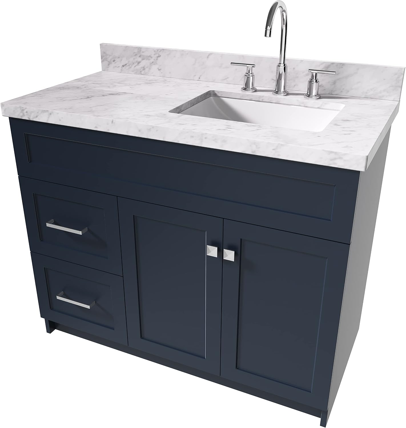 ARIEL 48' Grey Bathroom Vanity with Sink, 1.5' Pure White Quartz Countertop, Rectangular Sink, 2 Soft Close Doors, 4 Full Extension Dovetail Drawers, Brushed Nickel