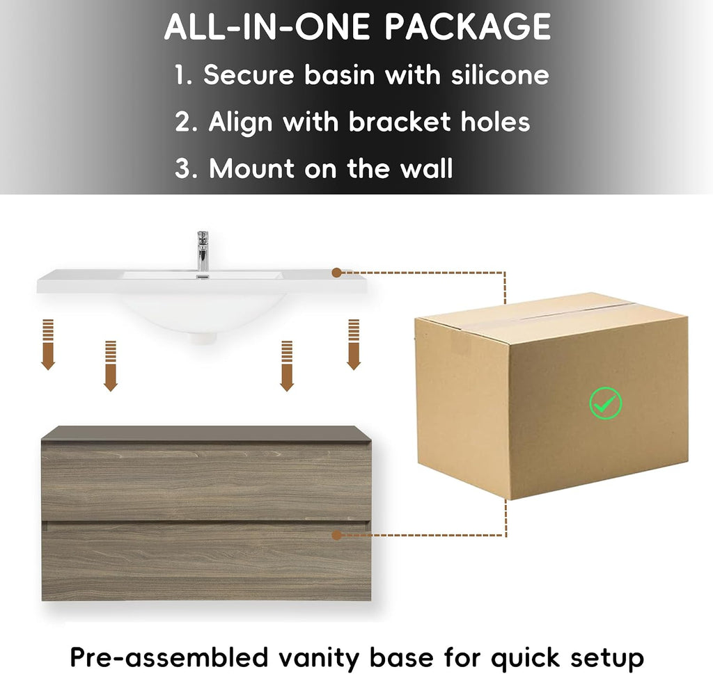 Neftis 42-Inch Floating Vanity with Sink, Pre-Assembled Modern Bathroom Vanity Sink Combo with Storage, Soft-Closing Drawers, One-piece Countertop White Resin Sink, Ash Grey Vanity for Bathroom