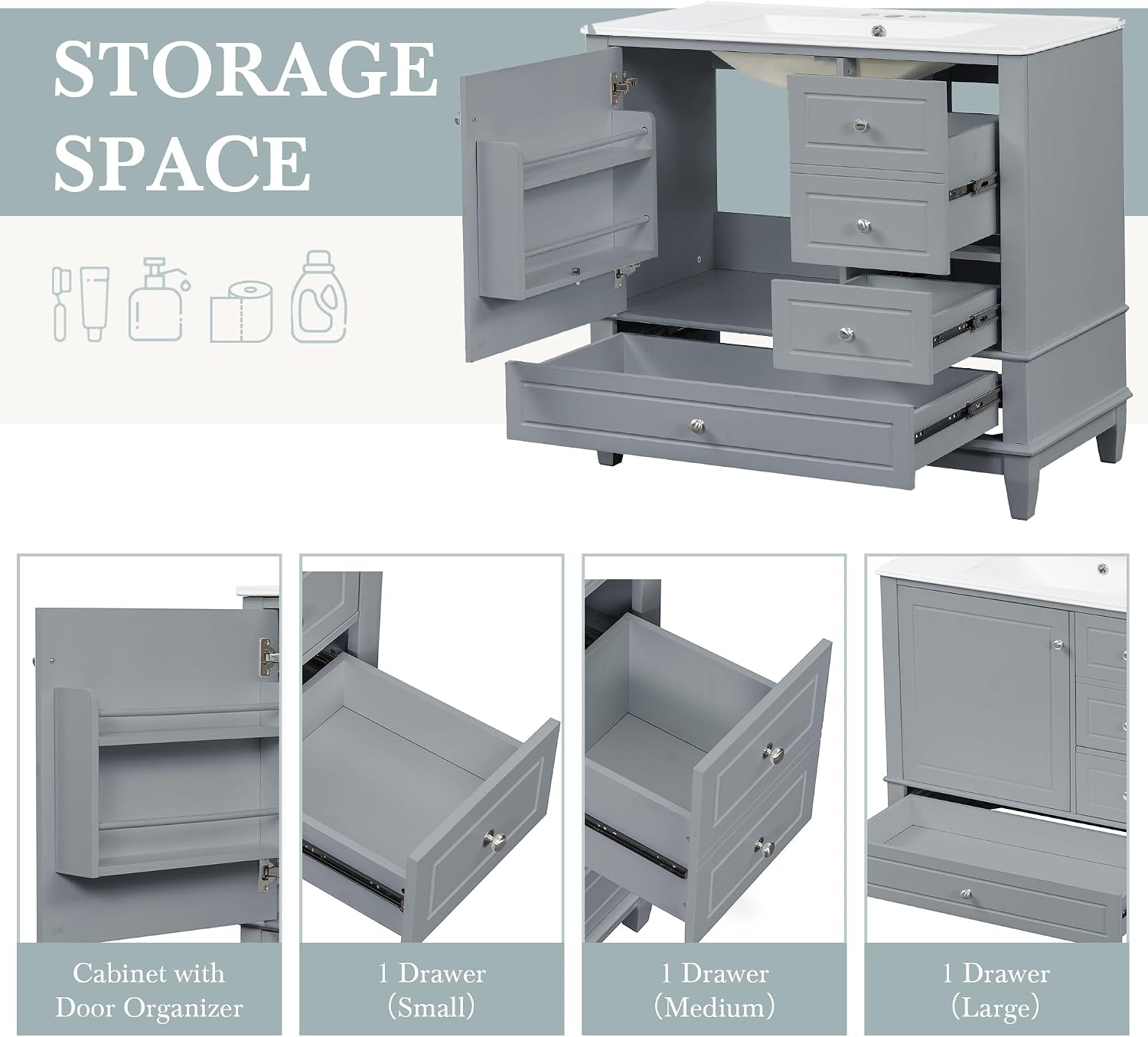 36' Modern Freestanding Bathroom Vanity with Ceramic Sink Top, 3 Drawers & Storage Shelves - MDF & Solid Wood Base