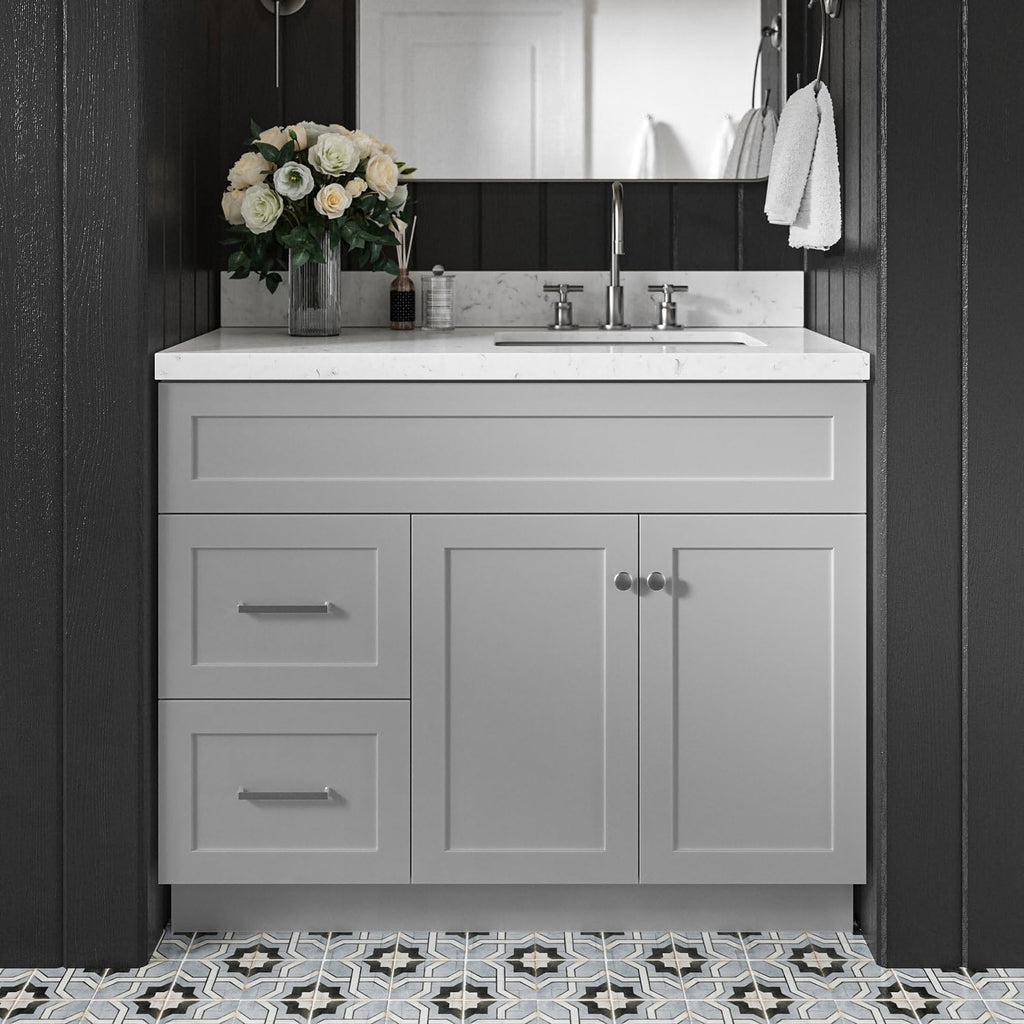 DKB Bradford 42' Gray Single Bathroom Vanity with Rectangular Undermount Sink, 1.5' Carrara Quartz Countertop, Solid Wood Frame, 2 Soft Closing Doors, 2 Full Extension Drawers, Brushed Nickel