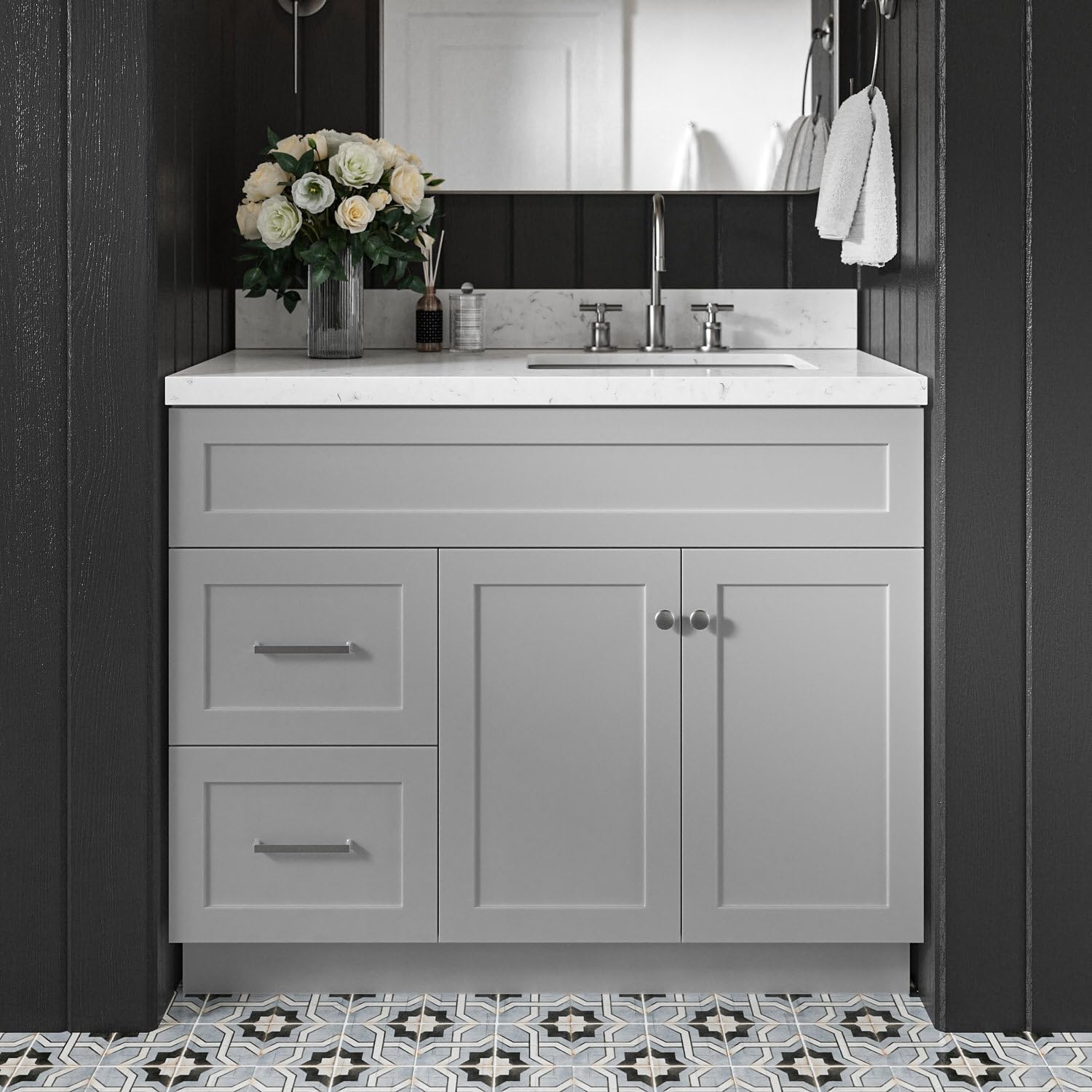 DKB Bradford 42' Gray Single Bathroom Vanity with Rectangular Undermount Sink, 1.5' Carrara Quartz Countertop, Solid Wood Frame, 2 Soft Closing Doors, 2 Full Extension Drawers, Brushed Nickel