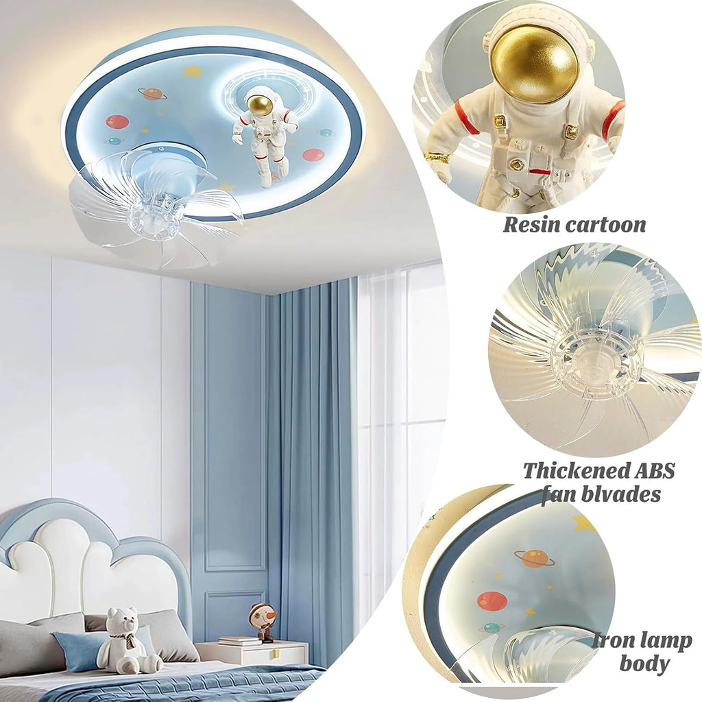 SOMINA Kids Ceiling Fan Light, Astronaut Themed Flush Mount LED Fixture, Creative Cartoon Design Low Profile Fan for Boys Girls Bedroom Nursery Playroom