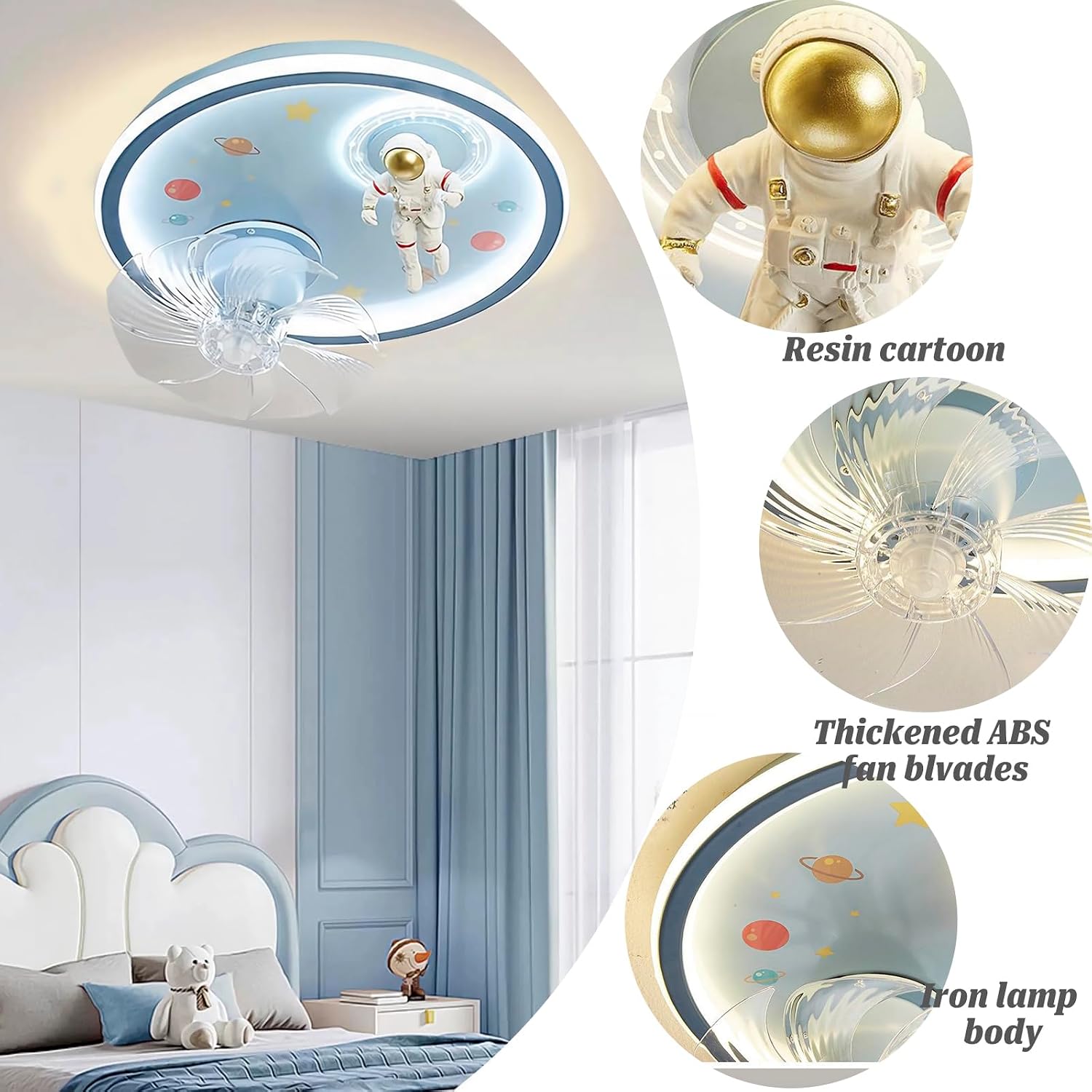 SOMINA Kids Ceiling Fan Light, Astronaut Themed Flush Mount LED Fixture, Creative Cartoon Design Low Profile Fan for Boys Girls Bedroom Nursery Playroom