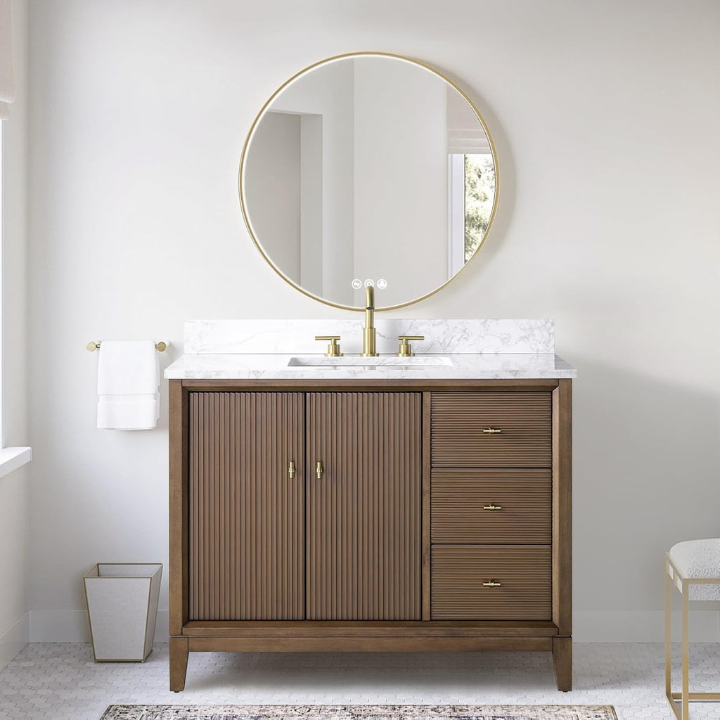 HOMEBEYOND 42' Bathroom Vanity with Single Sink & Engineered Marble Top, Solid Wood Frame, Linear Pattern & Soft Close Door | Golden Brushed Handware, Walnut