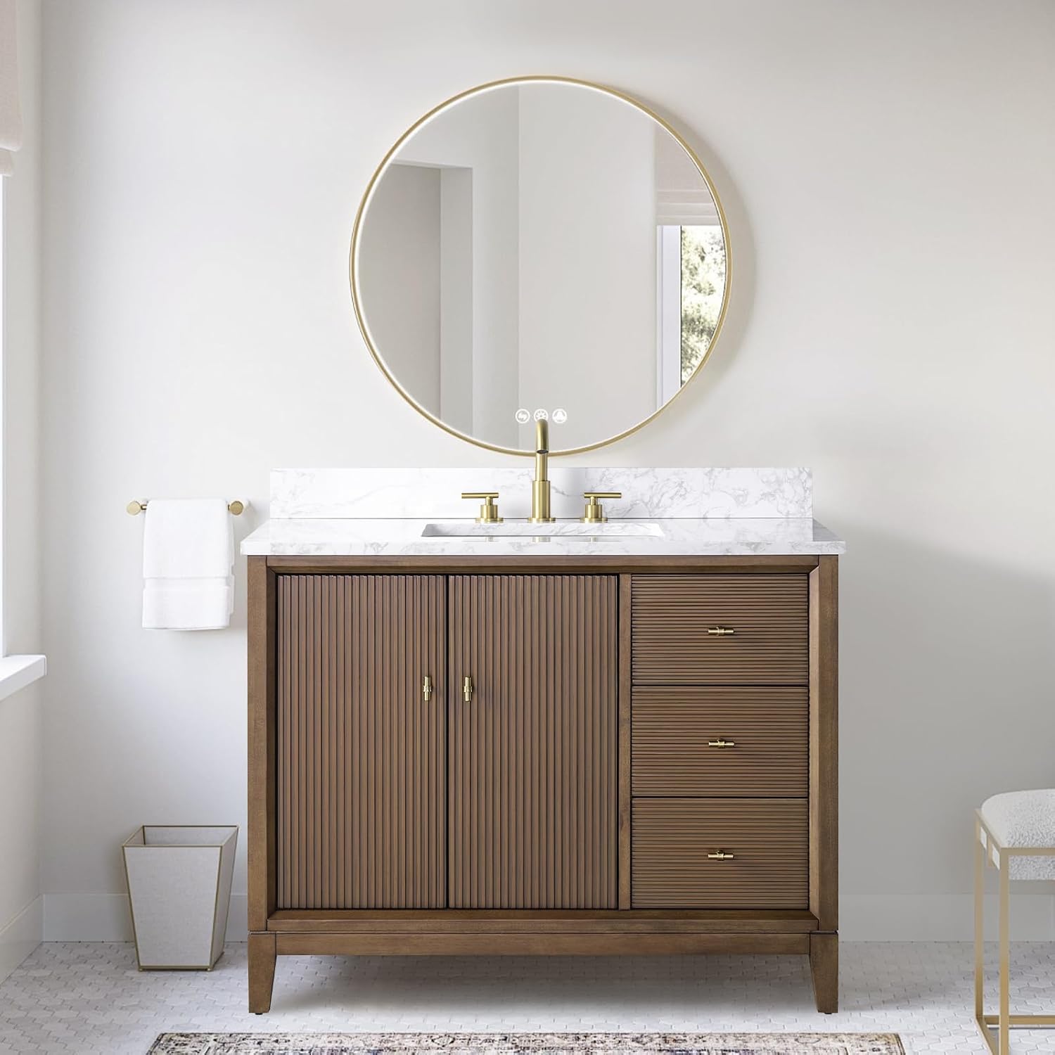 HOMEBEYOND 42' Bathroom Vanity with Single Sink & Engineered Marble Top, Solid Wood Frame, Linear Pattern & Soft Close Door | Golden Brushed Handware, Walnut