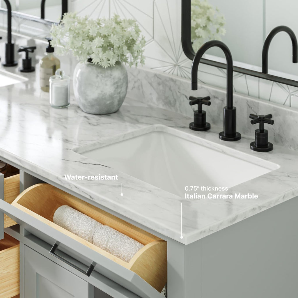 ARIEL Hepburn 66-inch Bathroom Vanity with Sink,Solid Wood, 0.75-inch Italian Carrara Marble Countertop, Double Rectangular Porcelain Sink, 4 Soft Closing Doors, 6 Dovetail Drawers, Grey