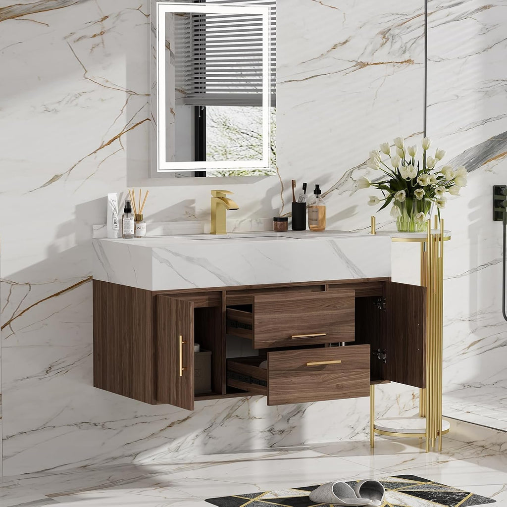 homary 39.4 inch Floating Bathroom Vanity with Single Sink, Modern Design with Sintered Stone Top & Undermount Sink, 2 Soft-Close Drawers for Master & Guest Bathrooms, Walnut