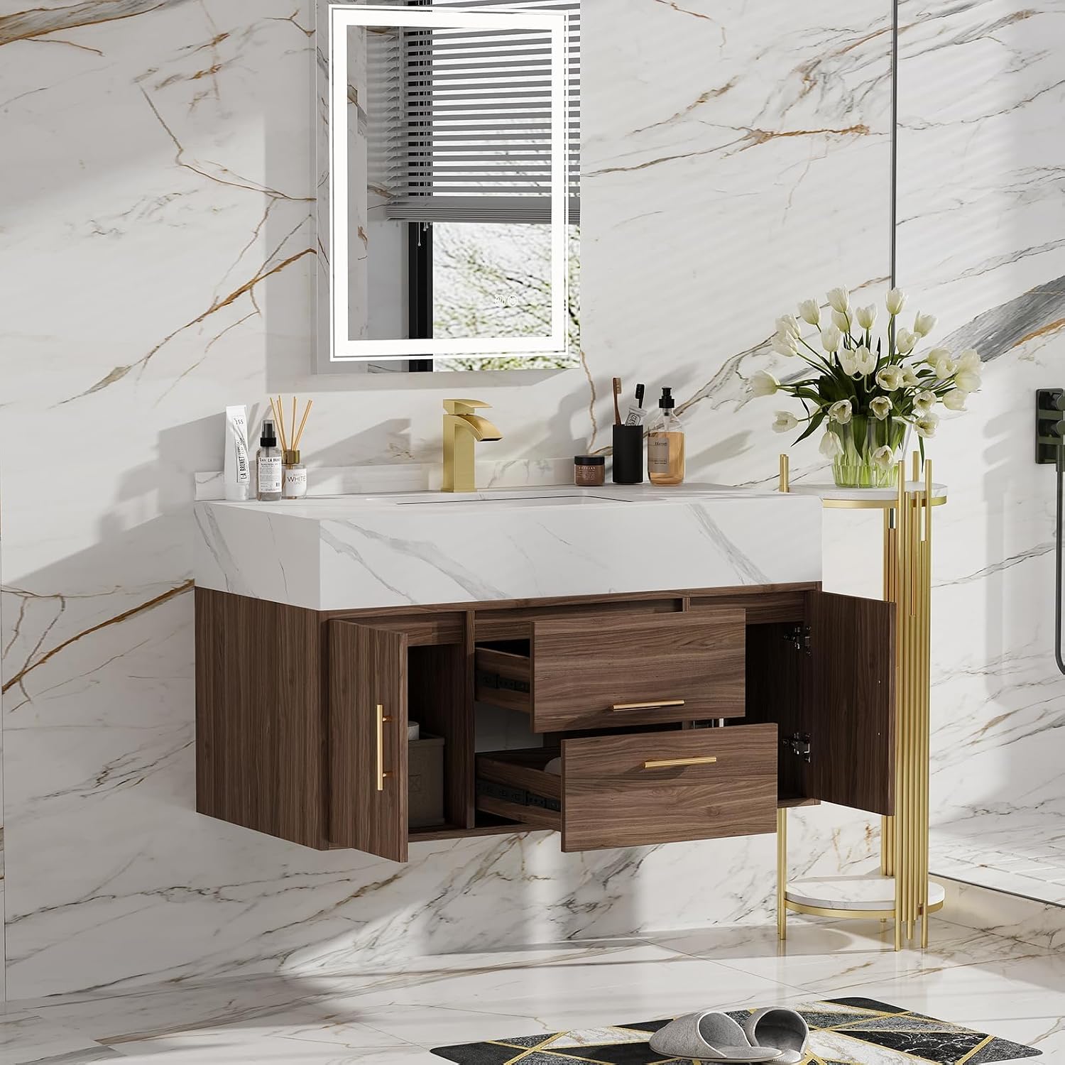 homary 39.4 inch Floating Bathroom Vanity with Single Sink, Modern Design with Sintered Stone Top & Undermount Sink, 2 Soft-Close Drawers for Master & Guest Bathrooms, Walnut