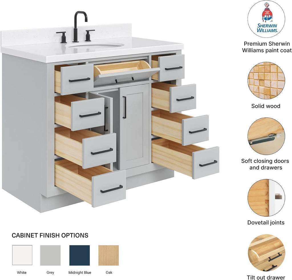 DKB Isabella 42-Inch Gray Bathroom Vanity with Sink, 1.5-Inch Edge Carrara Quartz Countertop, Solid Wood Frame, Oval Undermount Sink, 2 Soft Closing Doors, 9 Full Extension Drawers, Toe Kick