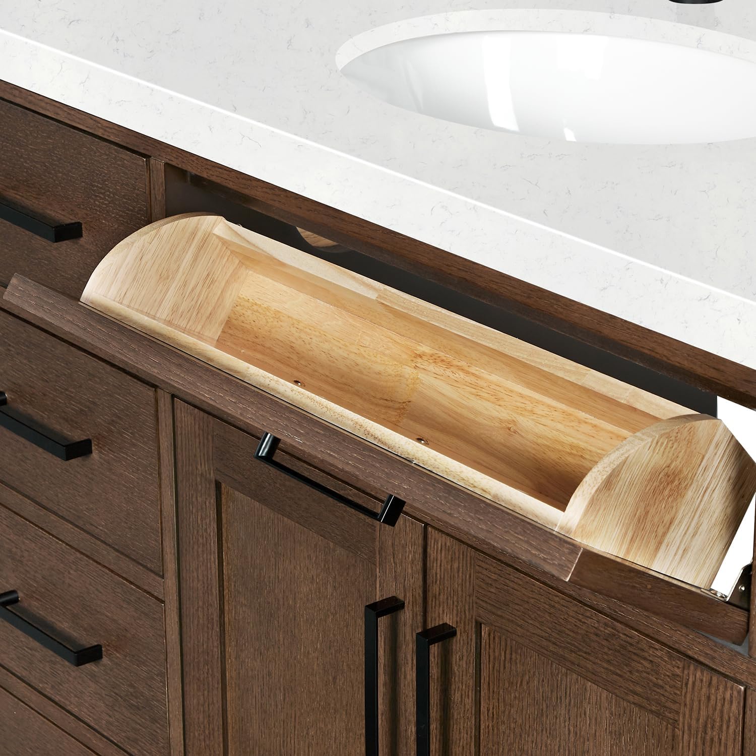 ARIEL Hepburn 66-inch Bathroom Vanity with Sink,Solid Wood, 1.5-inch Carrara White Quartz Countertop & Backsplash, Single Oval Porcelain Sink, 2 Soft Closing Doors, 9 Dovetail Drawers, Brown Oak