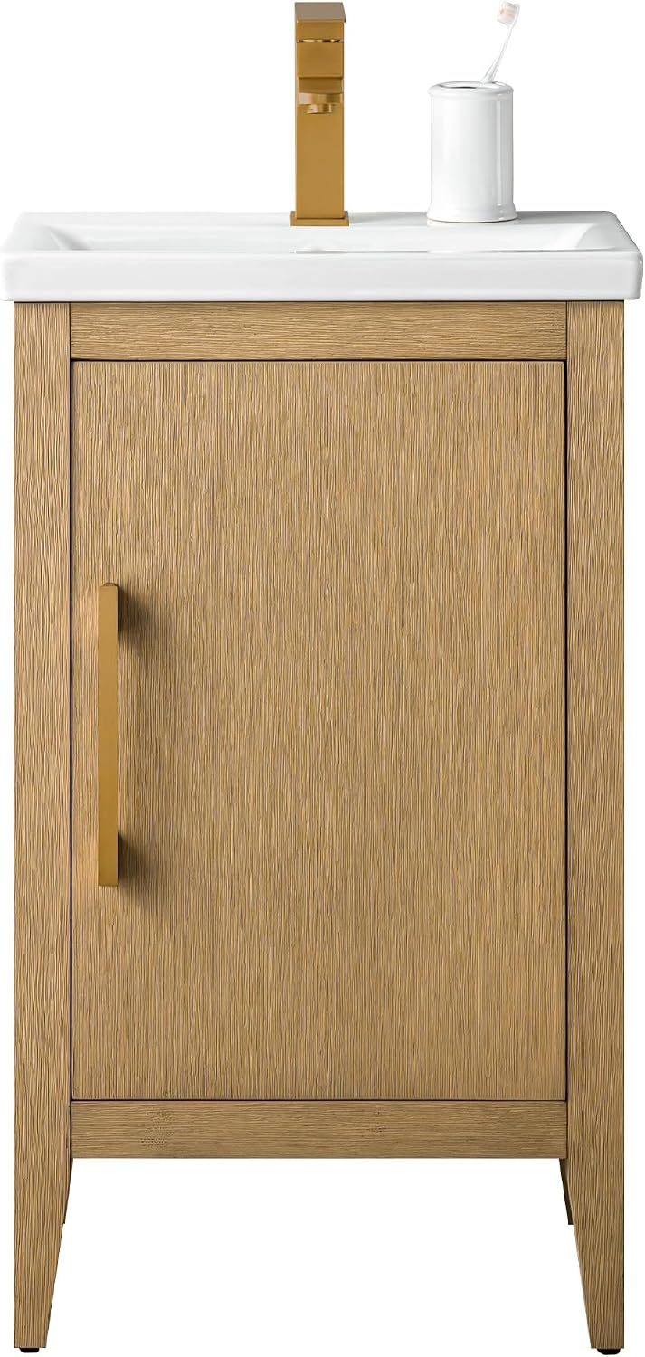 HOMEBEYOND 20 Inch Bathroom Vanities with Sink & Ceramic Top, Single Vanity Cabinet with Basin, Solid Wood Frame, Soft-Closing Doors & Golden Brushed Hardware, Natural Oak