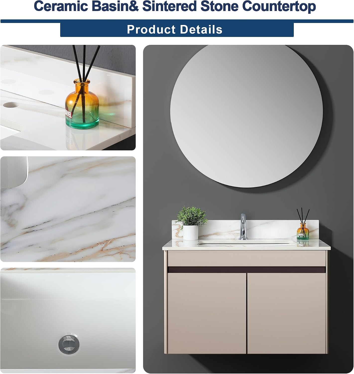 Runboll 31 Inch Marble Vanity Top with Undermount Rectangular Sink, 4' Backsplash, Pre-Drilled Faucet Single Hole, Vanity Top with Sink for Bathroom, Bathroom Remodels (Cabinet NOT Included)